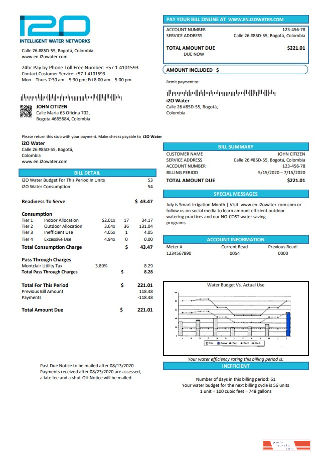 Colombia i2O Water utility bill